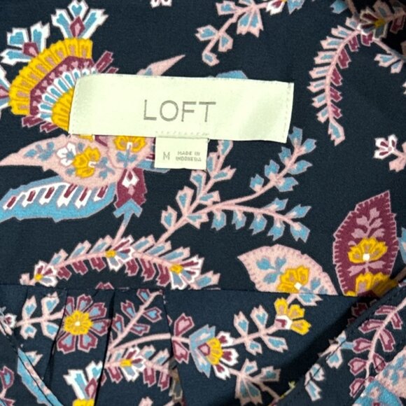 NEW LOFT Top Womens Long Sleeve Floral Print Blouse M Navy Multi-Color Loose Fit - Picture 8 of 9